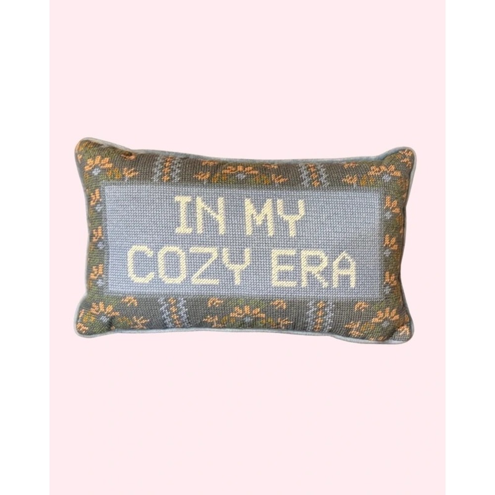 Furbish Studio "In My Cozy Era" Needlepoint Decorative Accent Pillow Blue NWOT
